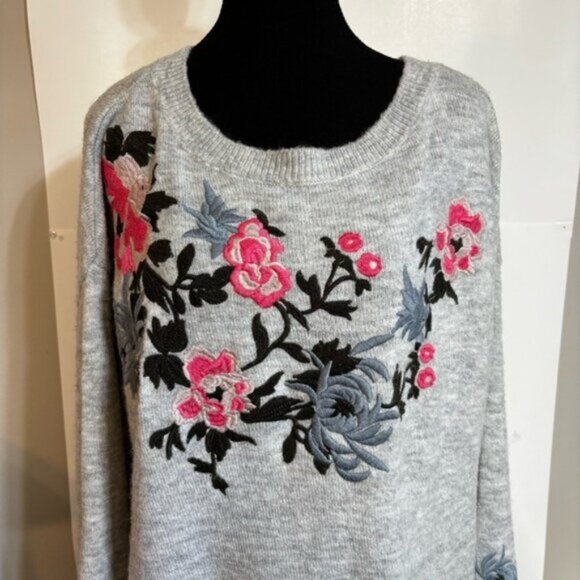 H&M Women Large Floral Embroidered Grey Sweater Cottagecore Boho Soft Wool Blend - Picture 5 of 9
